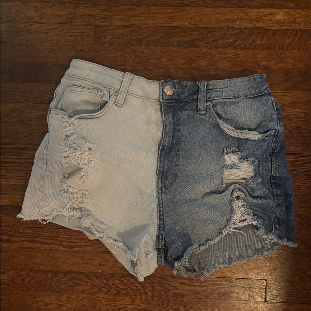 Two-Tone Distressed Denim Shorts